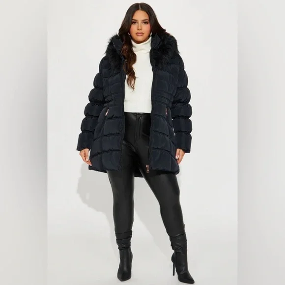 Fashion Nova Black Puffer Jacket with Faux Fur Hood - Picture 2 of 6